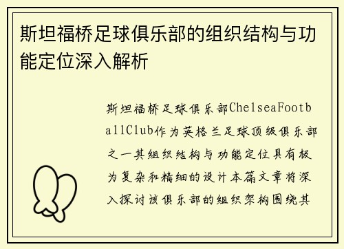 斯坦福桥足球俱乐部的组织结构与功能定位深入解析